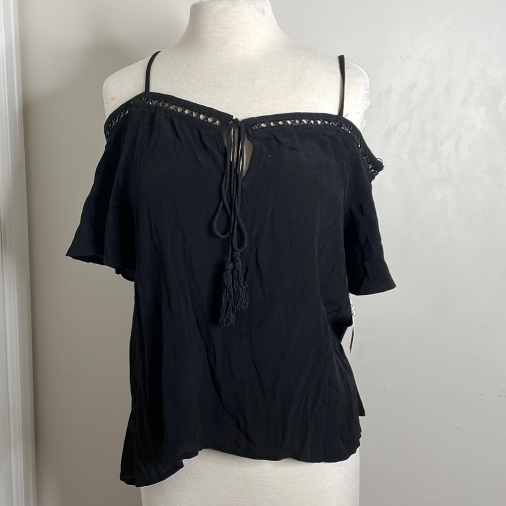 Mosaic & Co Black Boho Peasant Top Blouse - image 1